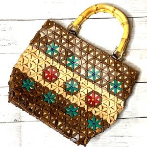 Handbag Purse is Beaded with Bamboo Handles - Excellent Condition